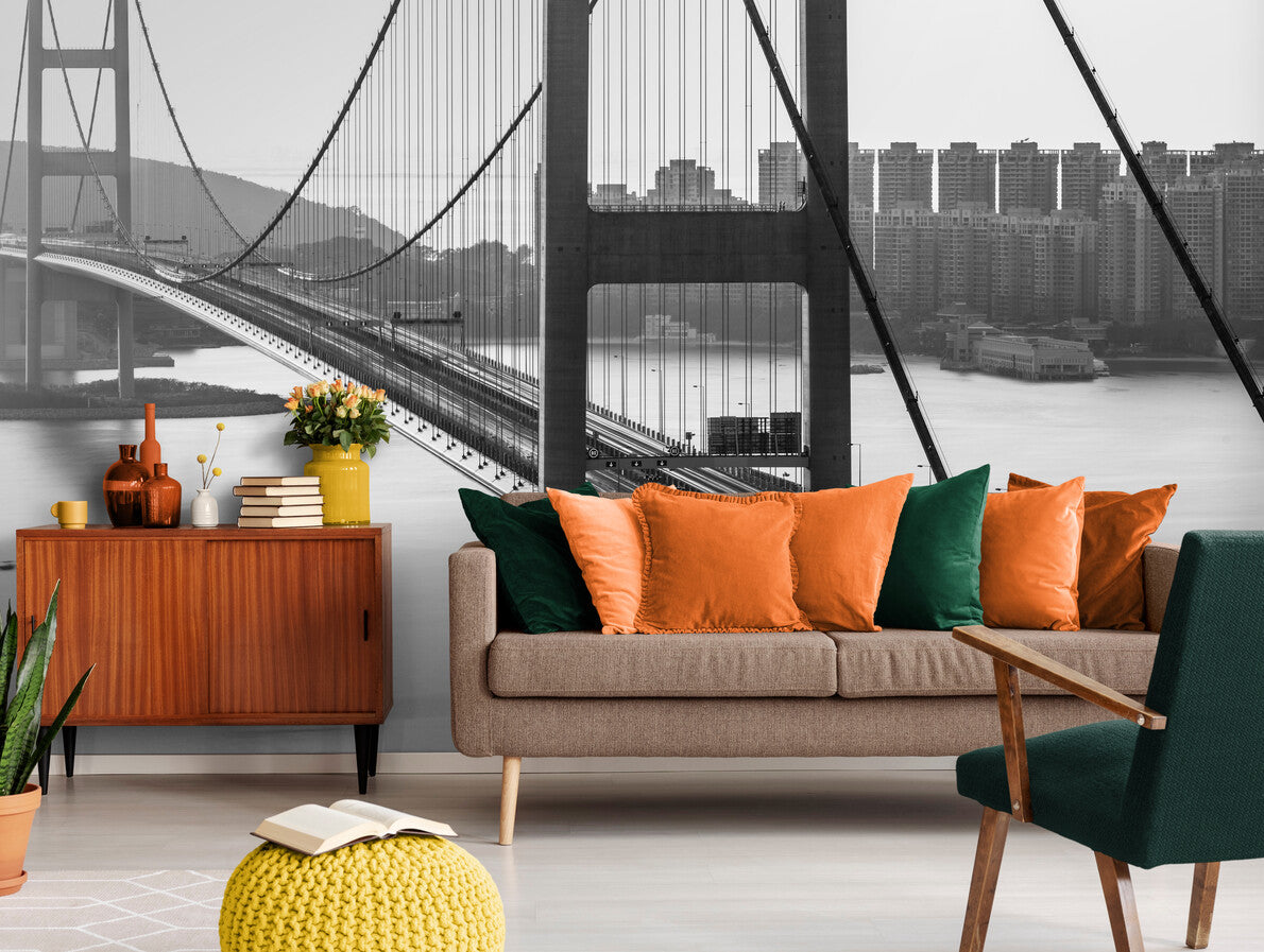 Papier peint Papier peint pont et buildings noir et blanc offre un épuré