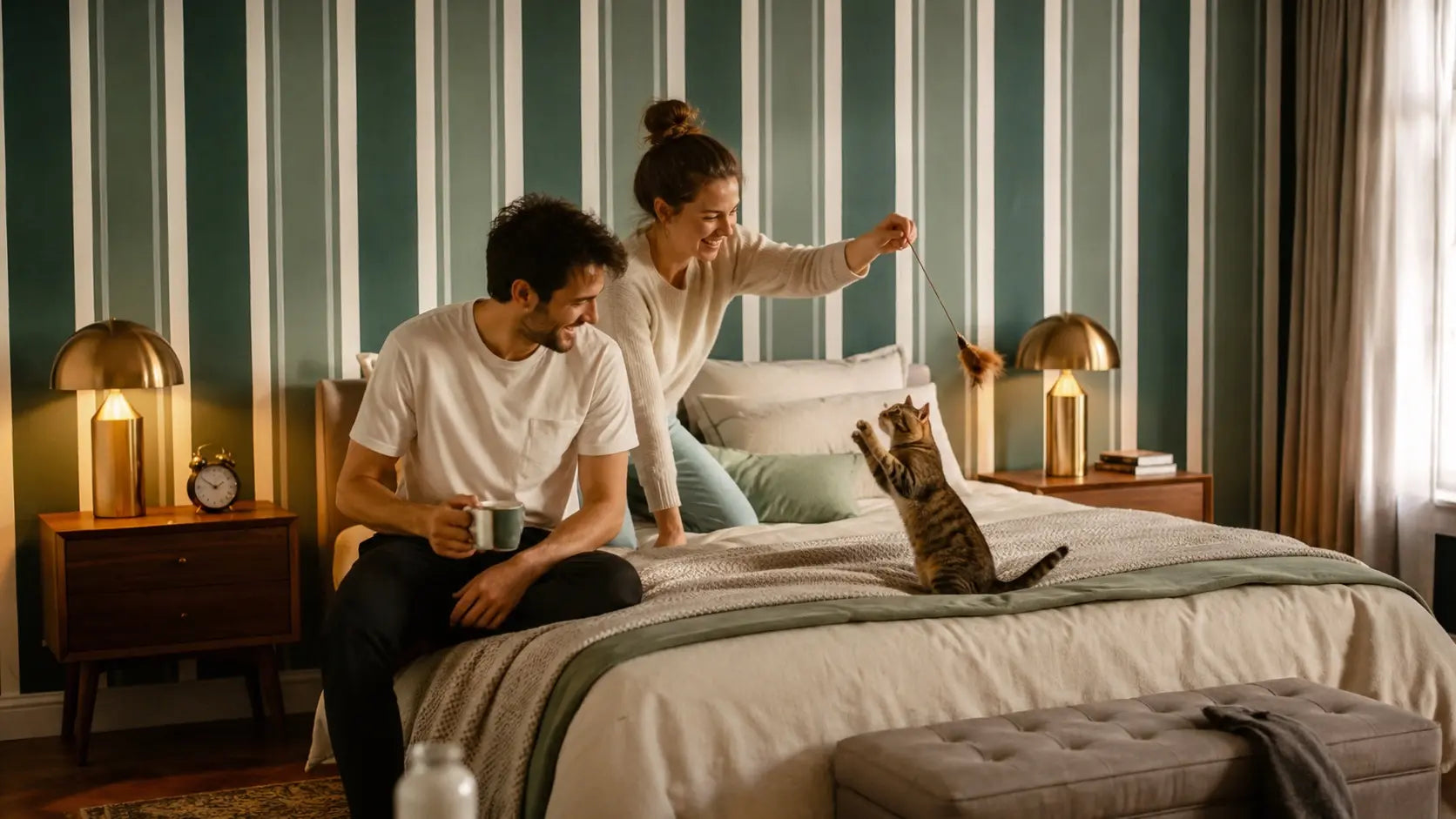 Chambre adulte cosy décorée d'un papier peint rayures vert sauge et crème associé à des meubles en bois naturel chaleureux Avec une famille qui joue avec son chat.