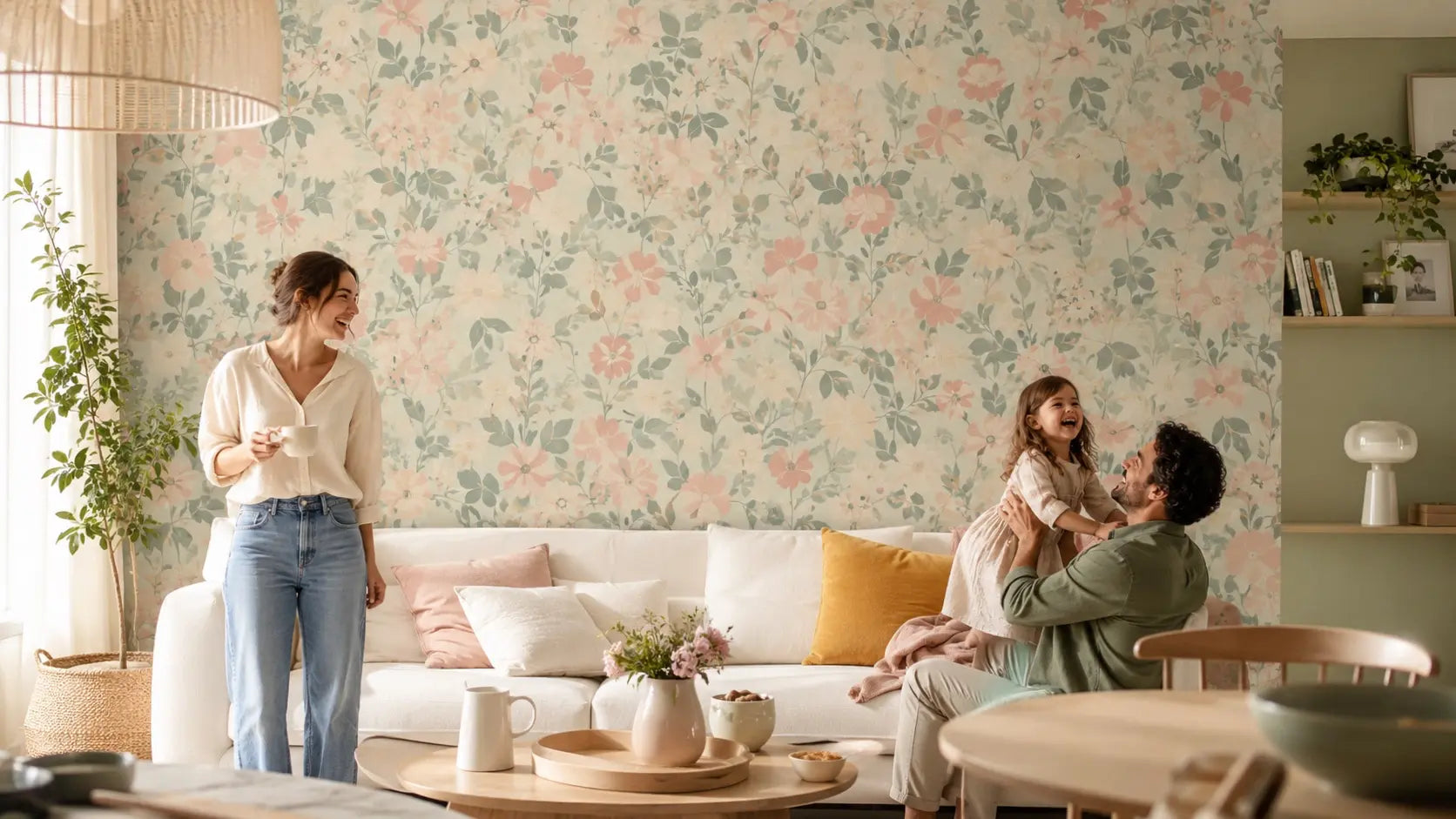 Papier peint fleuri panoramique posé dans un salon – collection florale LELISIA