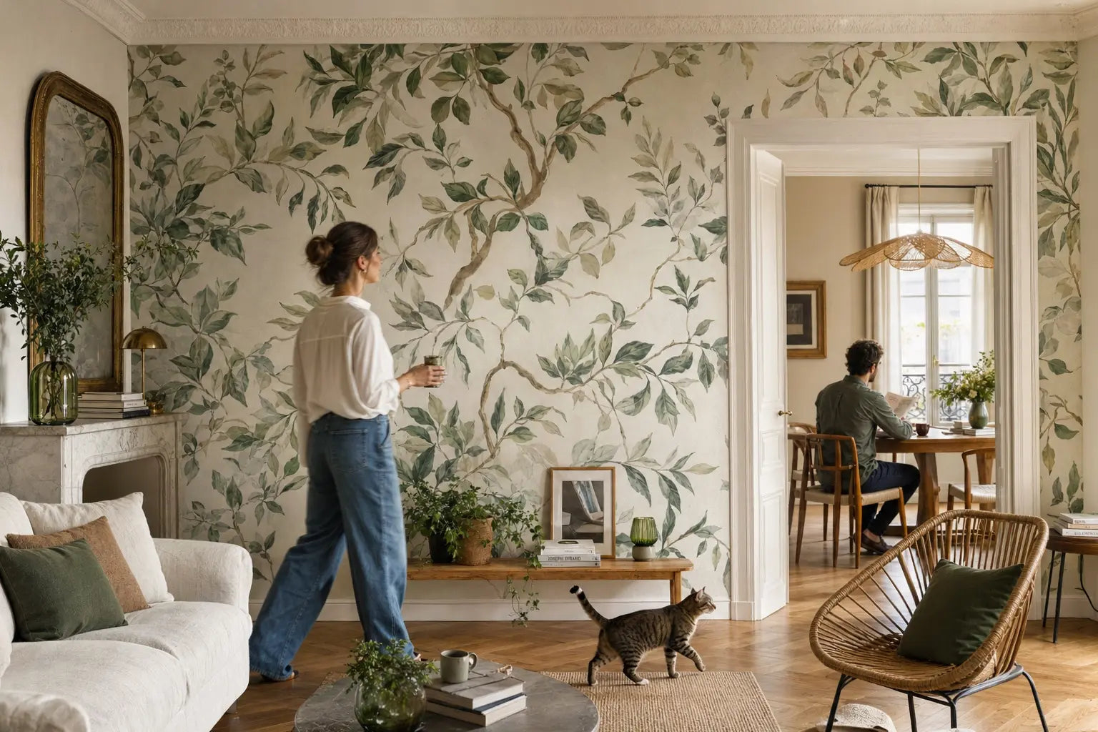 Un papier peint feuillage dans un salon parisien