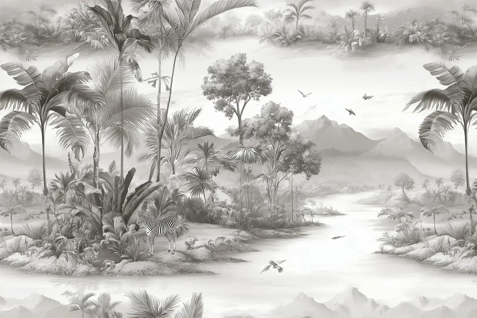 Papier peint noir et blanc à motif végétal tropical : palmiers, montagnes et oiseaux