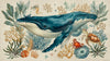 Sticker Mural Enfant Baleine et Animaux Marins Aquarelle représentant une majestueuse baleine bleue entourée de méduses lumineuses et de poissons tropicaux aux couleurs pastel douces sur fond blanc