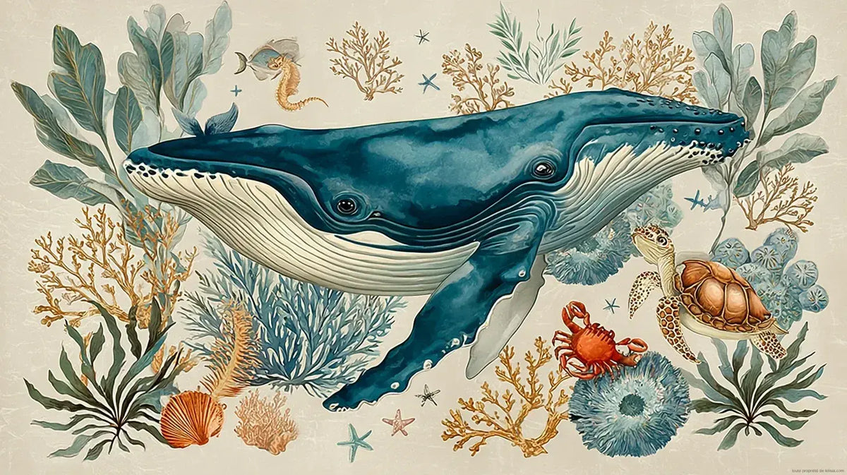 Sticker Mural Enfant Baleine et Animaux Marins Aquarelle représentant une majestueuse baleine bleue entourée de méduses lumineuses et de poissons tropicaux aux couleurs pastel douces sur fond blanc