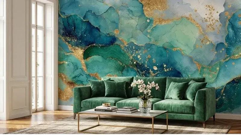 Décor mural en technique aquarelle représentant une brume verte vaporeuse traversée de fines éclaboussures d'or brillant