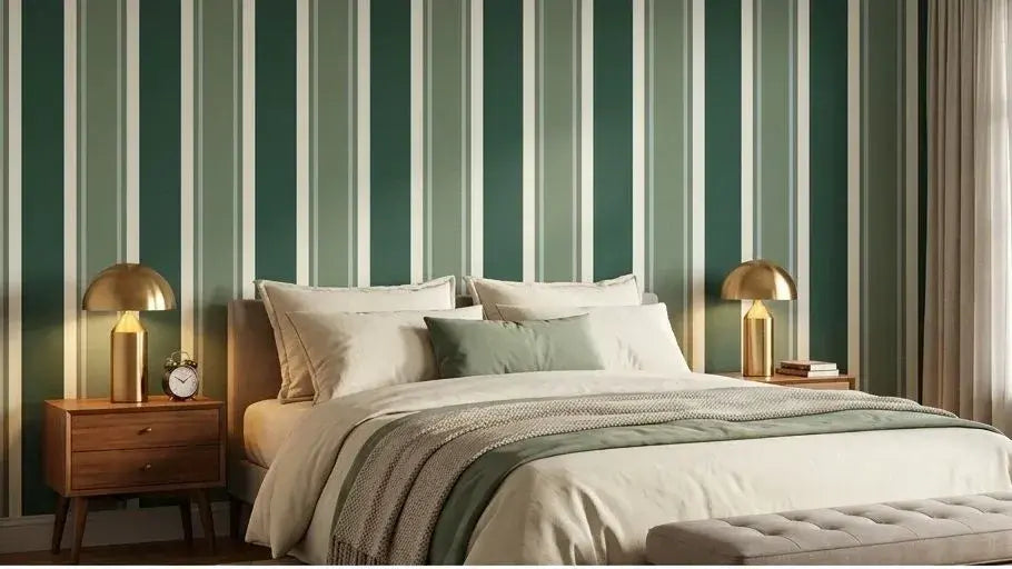 Chambre adulte cosy décorée d'un papier peint rayures vert sauge et crème associé à des meubles en bois naturel chaleureux