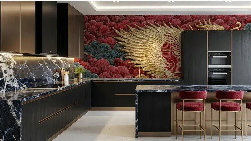 Chambre décorée avec un Papier Peint Dragon Japonais Rouge et Or posé sur un mur entier, créant une atmosphère orientale dramatique et élégante aux teintes flamboyantes