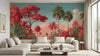 Rouleau de Papier Peint Jungle Rouge Toile de Jouy déployé révélant un décor répétitif de singes, perroquets et feuillages luxuriants dans une teinte rouge bordeaux classique
