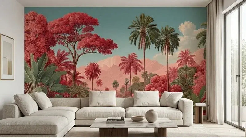 Rouleau de Papier Peint Jungle Rouge Toile de Jouy déployé révélant un décor répétitif de singes, perroquets et feuillages luxuriants dans une teinte rouge bordeaux classique