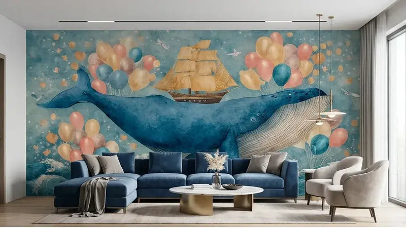 Gros plan sur le Papier Peint Baleine Enfant Aquarelle Bleue montrant les détails artistiques des nuances d'eau profonde et des éclaboussures d'encre bleue autour d'une baleine gracieuse flottant dans l'océan