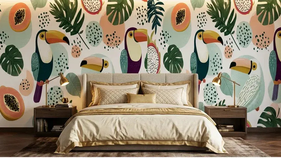 Vue panoramique d'un couloir habillé du Papier Peint Toucan et Fruits Tropicaux Blanc, où les motifs répétitifs de toucans multicolores et de fruits tropicaux apportent une touche paradisiaque et aérée