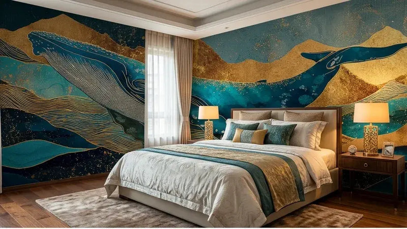 Gros plan artistique sur le Papier Peint Baleine Bleue Montagnes d'Or et Vagues Abstraites mettant en valeur les textures riches des vagues abstraites couleur or, les reliefs montagneux stylisés et la majestueuse baleine bleue en mouvement
