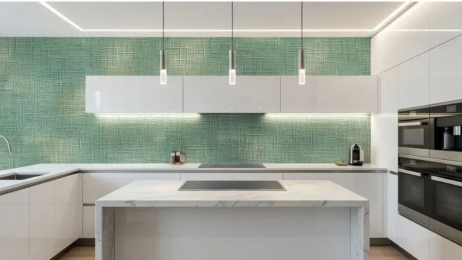 Salon moderne et lumineux entièrement habillé de Papier Peint Intissé Vert Sauge Opal, créant une atmosphère apaisante et naturelle avec des tons de vert doux et une finition opalescente sophistiquée