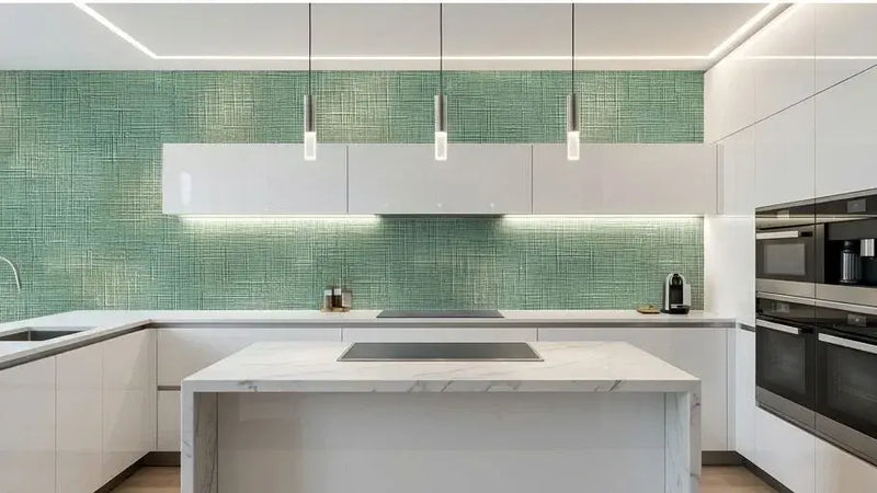 Salon moderne et lumineux entièrement habillé de Papier Peint Intissé Vert Sauge Opal, créant une atmosphère apaisante et naturelle avec des tons de vert doux et une finition opalescente sophistiquée