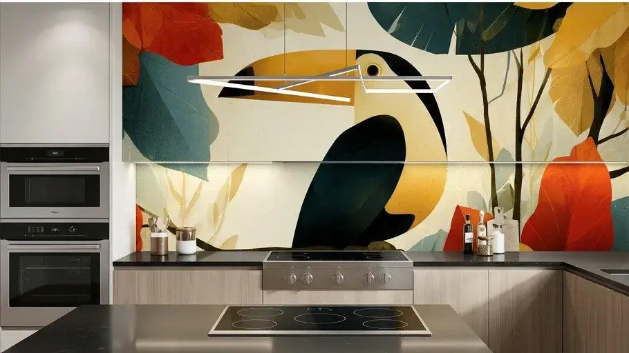Rouleau déployé du Papier Peint Toucan aux Feuilles d'Ocre et d'Or montrant le motif continu de feuilles exotiques dorées et de toucans majestueux imprimés avec une précision artistique exceptionnelle
