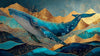 Papier Peint Baleine Bleue Montagnes d'Or et Vagues Abstraites représentant une majestueuse baleine bleue plongeant dans des vagues abstraites aux reflets dorés et des silhouettes de montagnes stylisées en arrière-plan
