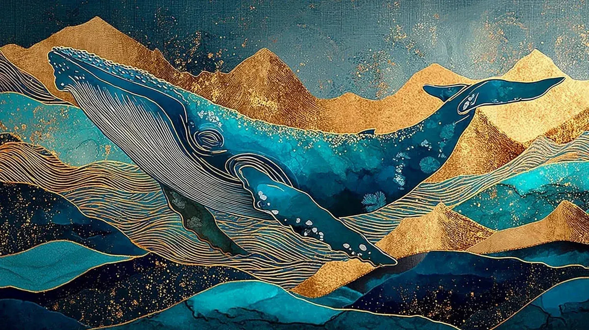 Papier Peint Baleine Bleue Montagnes d'Or et Vagues Abstraites représentant une majestueuse baleine bleue plongeant dans des vagues abstraites aux reflets dorés et des silhouettes de montagnes stylisées en arrière-plan