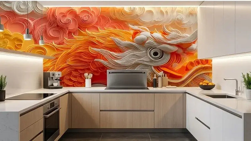 Vue panoramique d'un salon décoré avec un papier peint dragon japonais orange nuages blancs créant une atmosphère mythique et chaleureuse avec ses tons orangés vibrants et ses motifs traditionnels asiatiques
