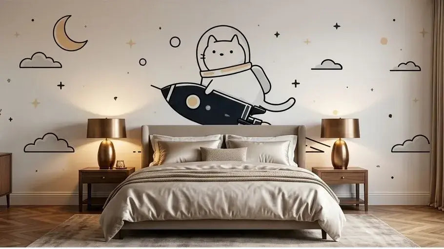 Vue rapprochée d'un papier peint chat astronaute et fusée dans l'espace avec un félin casqué souriant depuis le hublot d'une fusée colorée traversant un cosmos étoilé et vibrant