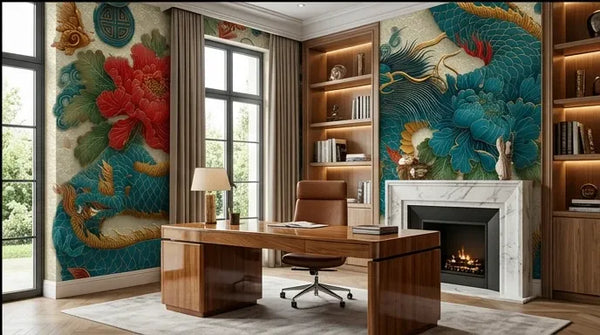 Échantillon plat de Papier Peint Dragon Chinois Traditionnel Crème et Rouge photographié en vue aérienne, présentant la répétition harmonieuse du motif avec des dragons entourés de nuages stylisés et de symboles porte-bonheur