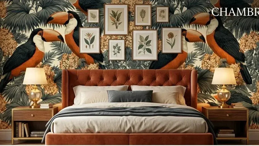 Ambiance jungle avec le Papier Peint Toucan Feuillage Exotique Orange et Noir installé dans un salon moderne, créant une atmosphère botanique audacieuse et élégante aux accents orangés