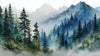 Papier peint aquarelle représentant un majestueux paysage de montagne enveloppé d'une brume mystérieuse aux teintes douces et vaporeuses