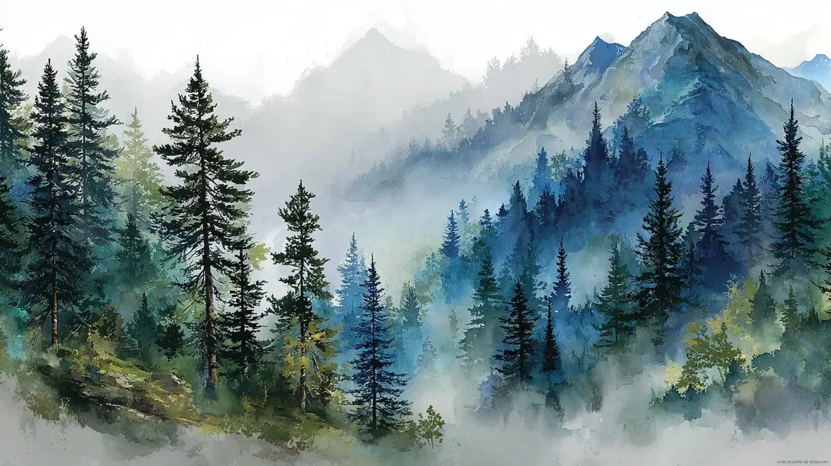 Papier peint aquarelle représentant un majestueux paysage de montagne enveloppé d'une brume mystérieuse aux teintes douces et vaporeuses