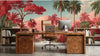 Salon élégant au style classique français orné d'un Papier Peint Jungle Rouge Toile de Jouy aux teintes rouge carmin contrastant avec des moulures blanches et un mobilier ancien