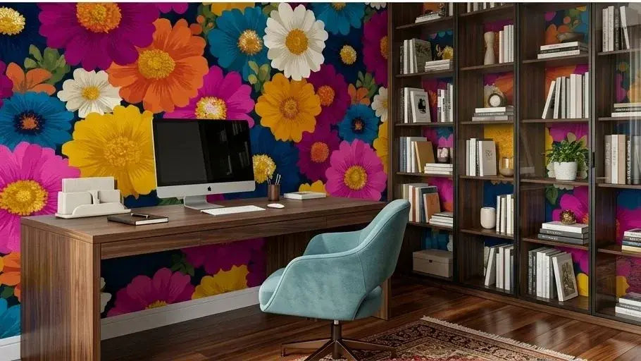 Couloir lumineux tapissé de Papier Peint Vintage Fleuri aux Tons Multicolores avec des motifs de pivoines et de roses stylisées dans des nuances de corail, lilas et vert émeraude