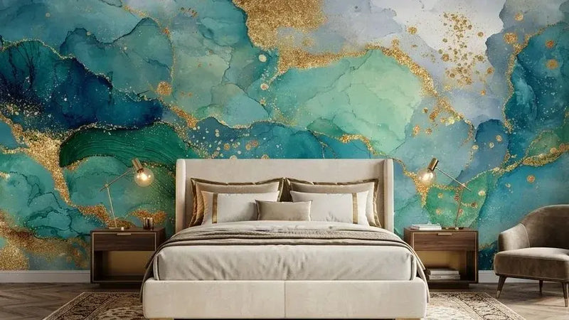 Revêtement mural aquarelle aux teintes de vert sauge et eucalyptus estompées, agrémentées d'éclats d'or métallique irisé