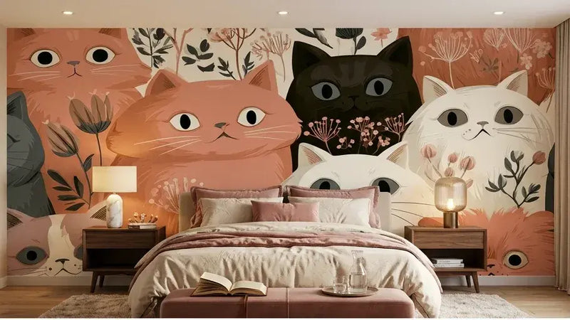 Vue panoramique du Papier Peint Chat Rose aux Doux Motifs Floraux couvrant un mur entier, mettant en valeur la répétition harmonieuse des chatons mignons entrelacés de fleurs délicates