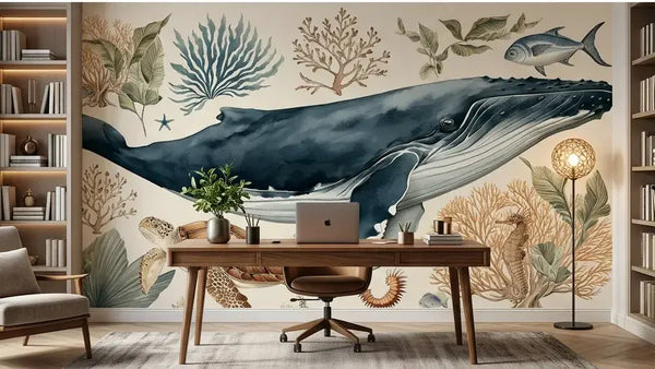 Rouleau déroulé de Papier Peint Baleine et Animaux Marins Aquarelle révélant un motif répétitif de baleines, étoiles de mer, coquillages nacrés et anémones de mer aux touches aquarelle fluides et expressives
