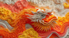Illustration de papier peint dragon japonais orange nuages blancs représentant un majestueux dragon aux écailles dorées serpentant entre d'élégants nuages blancs sur un fond orange intense