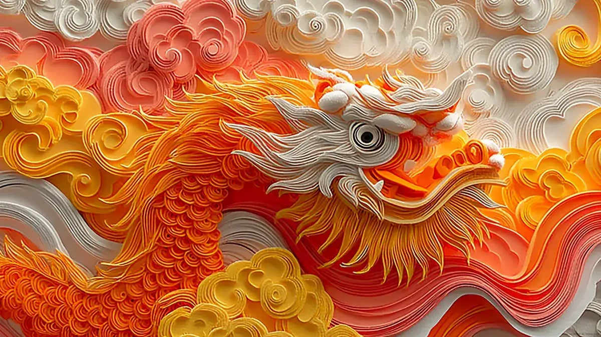 Illustration de papier peint dragon japonais orange nuages blancs représentant un majestueux dragon aux écailles dorées serpentant entre d'élégants nuages blancs sur un fond orange intense