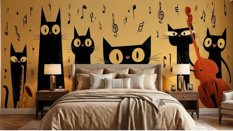 Zoom sur les détails du Papier Peint Chat Orchestre de Jazz Jaune et Noir montrant des expressions expressives de chats musiciens en pleine improvisation jazz sur fond géométrique bicolore