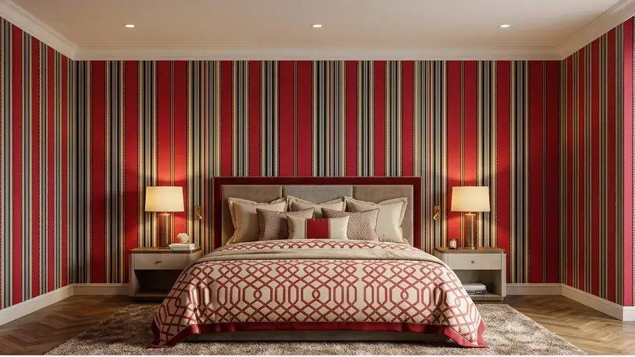 Chambre adulte raffinée ornée du Papier Peint Rayé Rouge et Blanc Harmonie sur le mur principal, avec des rayures régulières qui allongent visuellement la hauteur de la pièce