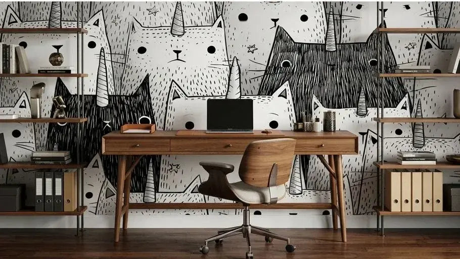Bureau créatif habillé d'un papier peint chat noir et blanc aux motifs ludiques associant des silhouettes de chats géométriques à des éléments décoratifs comme des pelotes de laine et des étoiles