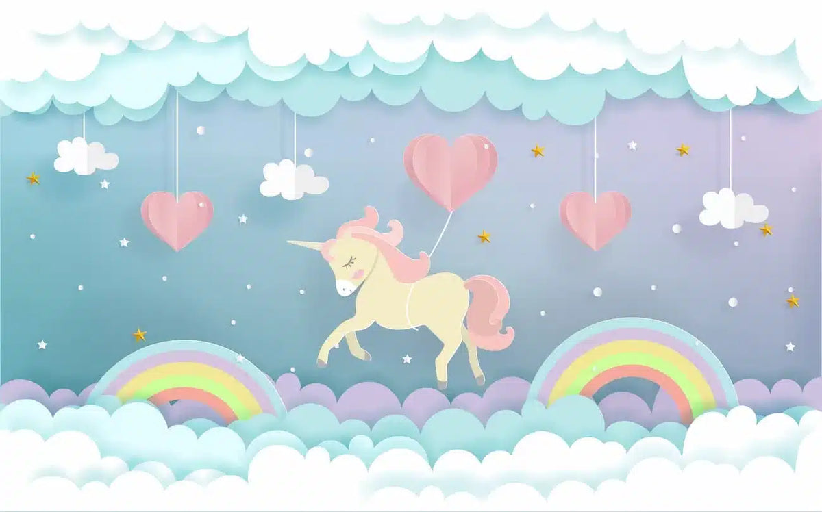 Papier peint enfant licorne et arc en ciel