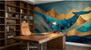 Installation murale du Papier Peint Baleine Bleue Montagnes d'Or et Vagues Abstraites dans un salon moderne, dévoilant une composition époustouflante mêlant océan profond, baleine lumineuse et montagnes dorées dans un style abstrait contemporain