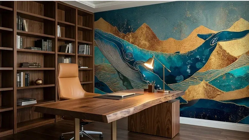 Installation murale du Papier Peint Baleine Bleue Montagnes d'Or et Vagues Abstraites dans un salon moderne, dévoilant une composition époustouflante mêlant océan profond, baleine lumineuse et montagnes dorées dans un style abstrait contemporain