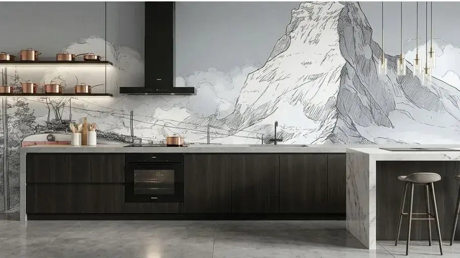 Papier Peint Panoramique Mont Cervin installé dans un salon moderne apportant une atmosphère grandiose et une immersion totale dans les paysages épiques des Alpes suisses