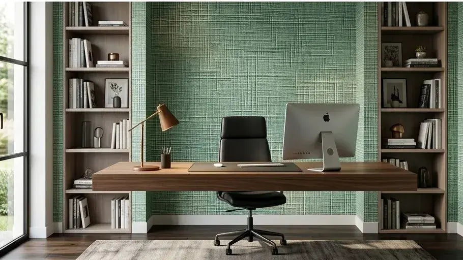 Chambre cocooning décorée avec du Papier Peint Intissé Vert Sauge Opal aux reflets opalins subtils, harmonisant la lumière naturelle avec des tons végétaux chauds et une texture enveloppante au toucher soyeux