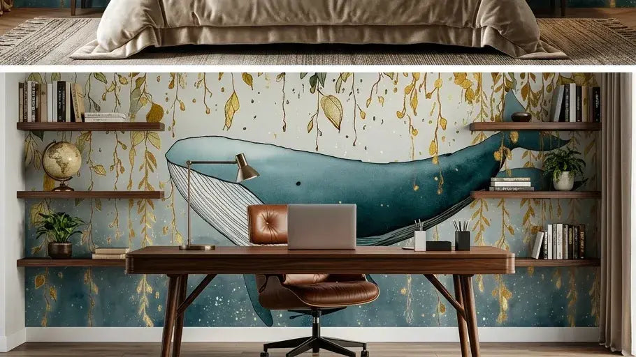 Panorama complet du Papier Peint Baleine Bleue sous Feuillage Délicat dévoilant une composition artistique harmonieuse mêlant la puissance tranquille de la baleine bleue à la légèreté de branchages feuillus