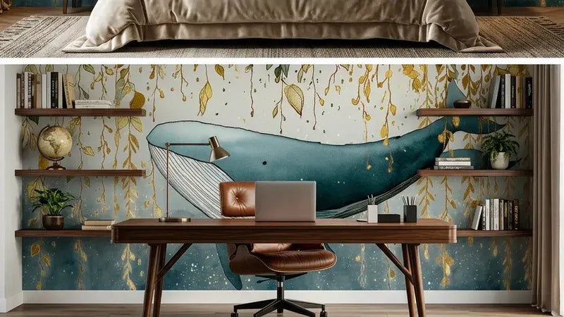 Panorama complet du Papier Peint Baleine Bleue sous Feuillage Délicat dévoilant une composition artistique harmonieuse mêlant la puissance tranquille de la baleine bleue à la légèreté de branchages feuillus