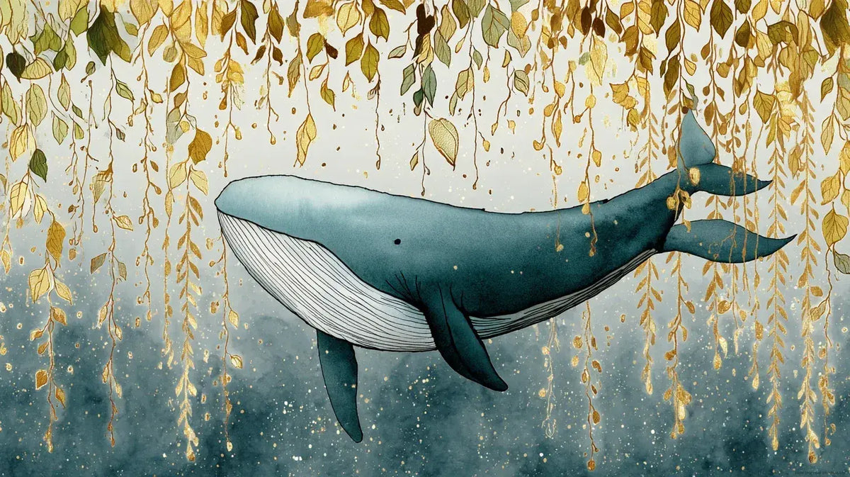 Papier Peint Baleine Bleue sous Feuillage Délicat représentant une majestueuse baleine bleue nageant gracieusement parmi des feuilles tropicales délicates aux teintes douces et apaisantes