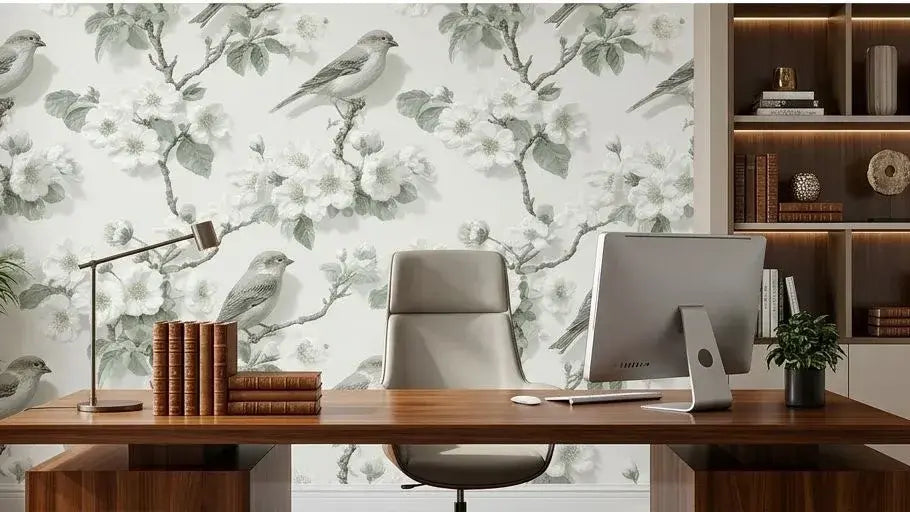 Échantillon du papier peint oiseaux vert sauge Faustine tenu à la main devant un mur blanc, mettant en valeur le motif répétitif d'oiseaux gracieux sur fond vert sauge délicat et raffiné