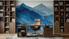 Fresque murale décorative représentant un paysage lacustre au crépuscule, interprété en aquarelle avec des effusions de bleu indigo et de gris perle