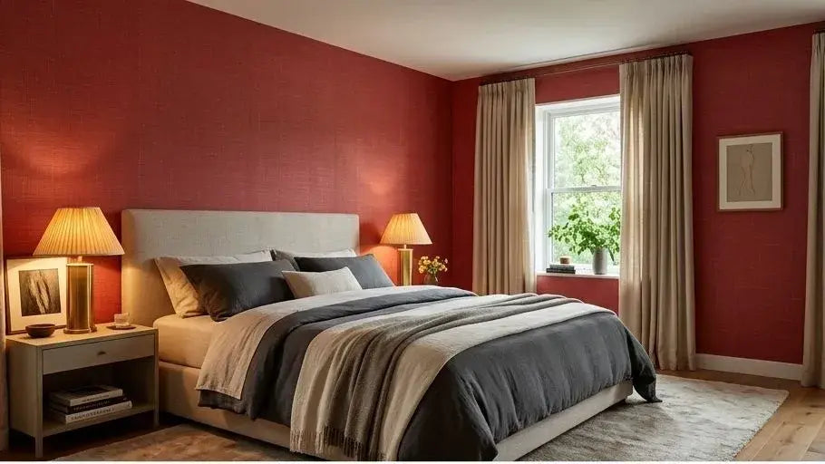 Échantillon de Papier Peint Rouge Terrecotta Texturé posé contre un mur blanc, entouré de plantes vertes tropicales et d'accessoires déco en terre cuite