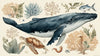Papier Peint Baleine et Animaux Marins Aquarelle représentant une majestueuse baleine bleue entourée de méduses translucides et de poissons colorés dans des tons pastel doux