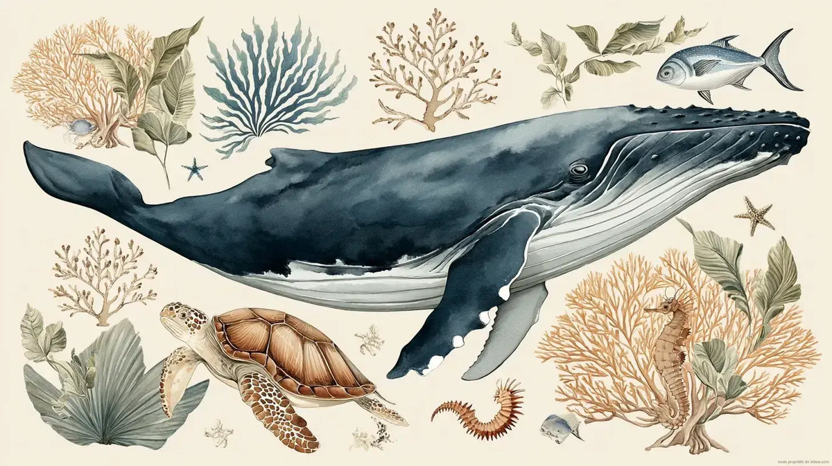 Papier Peint Baleine et Animaux Marins Aquarelle représentant une majestueuse baleine bleue entourée de méduses translucides et de poissons colorés dans des tons pastel doux