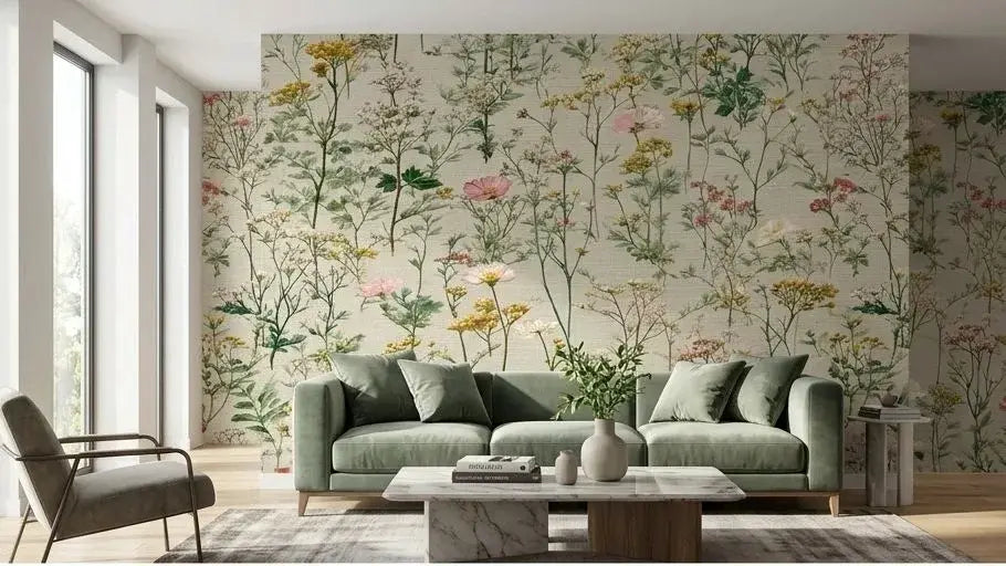 Rouleau de papier peint vert aux motifs botaniques sauvages Alexa avec des fleurs épanouies dans des tons naturels et apaisants